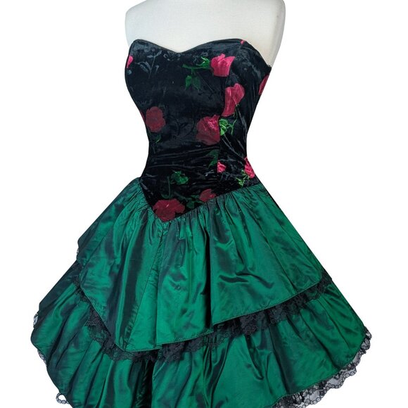 Vintage 80s CORSET Rose Floral Black Velvet Strapless Green Prom Party Dress S - Picture 6 of 16